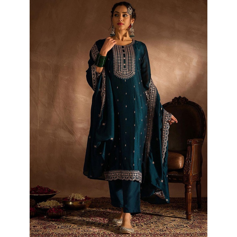 Indo Era Ethnic Motifs Embroidered Thread Work Straight Kurta With Trousers & Dupatta