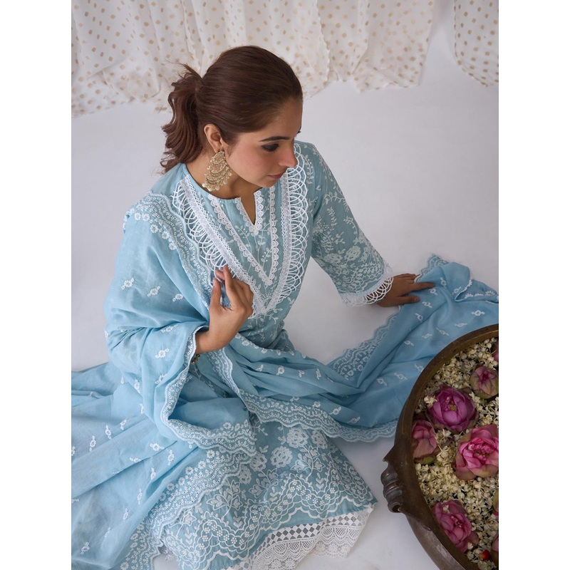 Indo Era Floral Embroidered Regular Thread Work Pure Cotton Kurta with Trousers & Dupatta