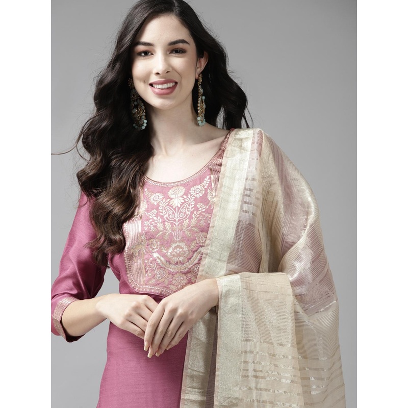 Indo Era Women Pink Yoke Design Regular Kurta with Palazzos & Dupatta
