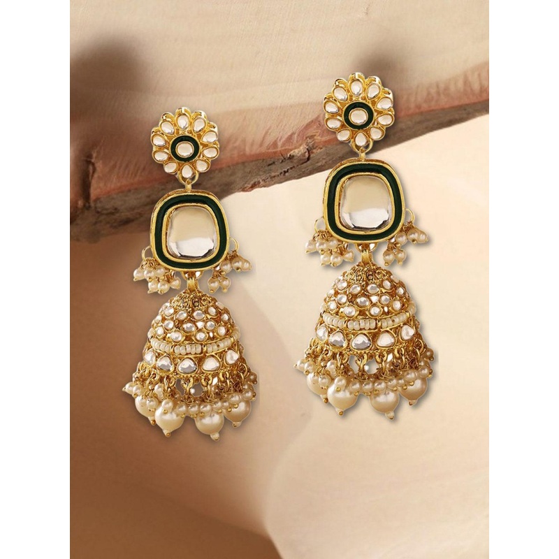 Jazz and Sizzle Gold Plated Kundan Studded & Artificial Beaded Dome Shaped Jhumkas