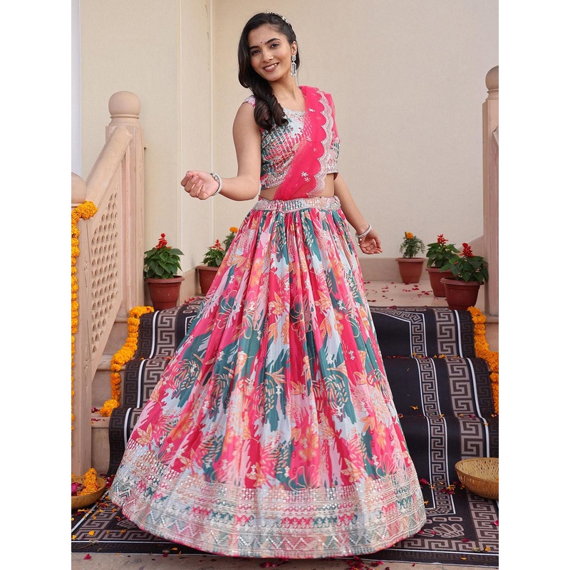 KALINI Embroidered Sequinned Semi-Stitched Lehenga & Unstitched Blouse With Dupatta