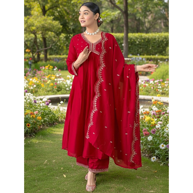 KALINI Ethnic Motif Embroidered Empire Thread Work Anarkali Kurta & Trousers With Dupatta