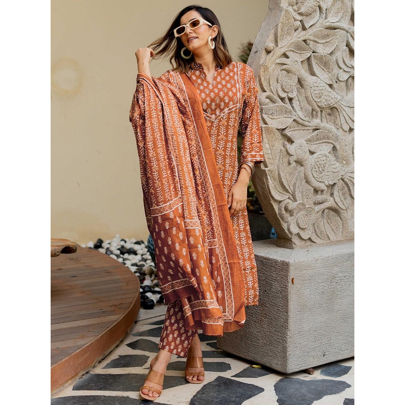 KALINI Floral Printed Gotta Patti Pure Cotton Kurta with Trousers & With Dupatta