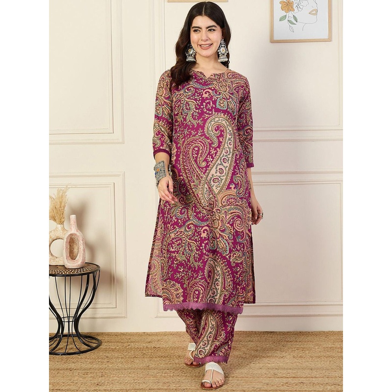 KALINI Notch Neck Paisley Printed Straight Kurta with Trousers