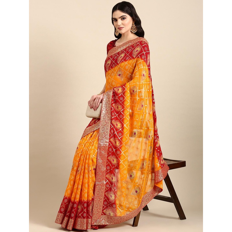 Mitera Bandhani Foil Print Beads & Stones Satin Pure Georgette Saree