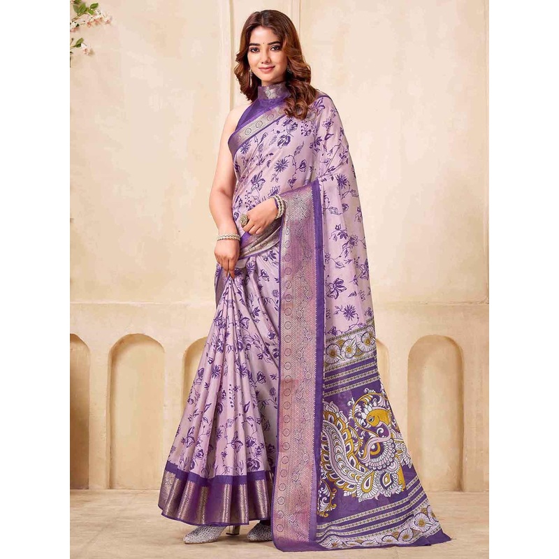Mitera Floral Printed Zari Saree With Unstiched Blouse Piece