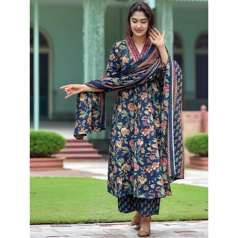 Moda Rapido Floral Printed V-Neck Sequinned A-Line Kurta With Palazzos &  Dupatta