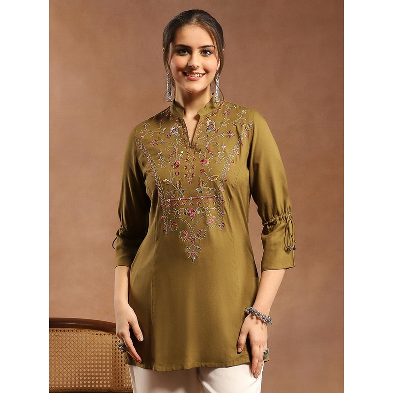 Nayam By Lakshita Olive Green Viscose Rayon Mandarin Collar Embroidered Tunic