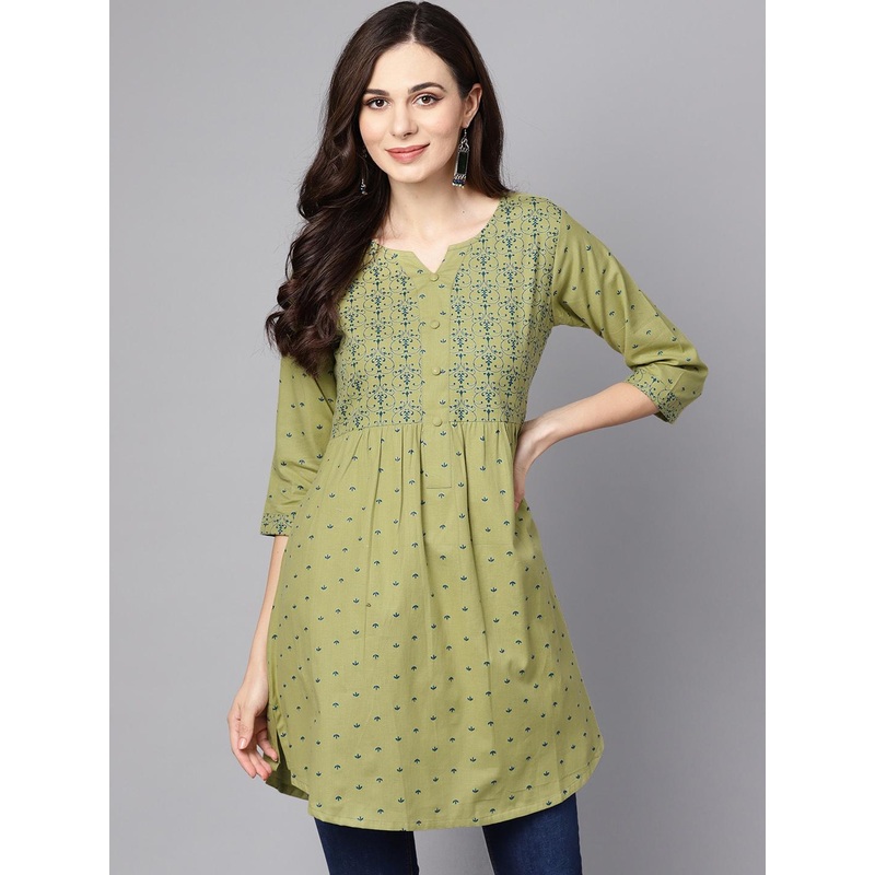 Nayo Women Olive Green & Blue Ethnic Motifs Print A-Line Kurta