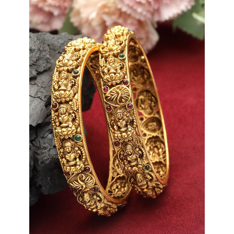 PANASH Set Of 2 24 CT Gold-Plated AD-Studded Antique Bangles