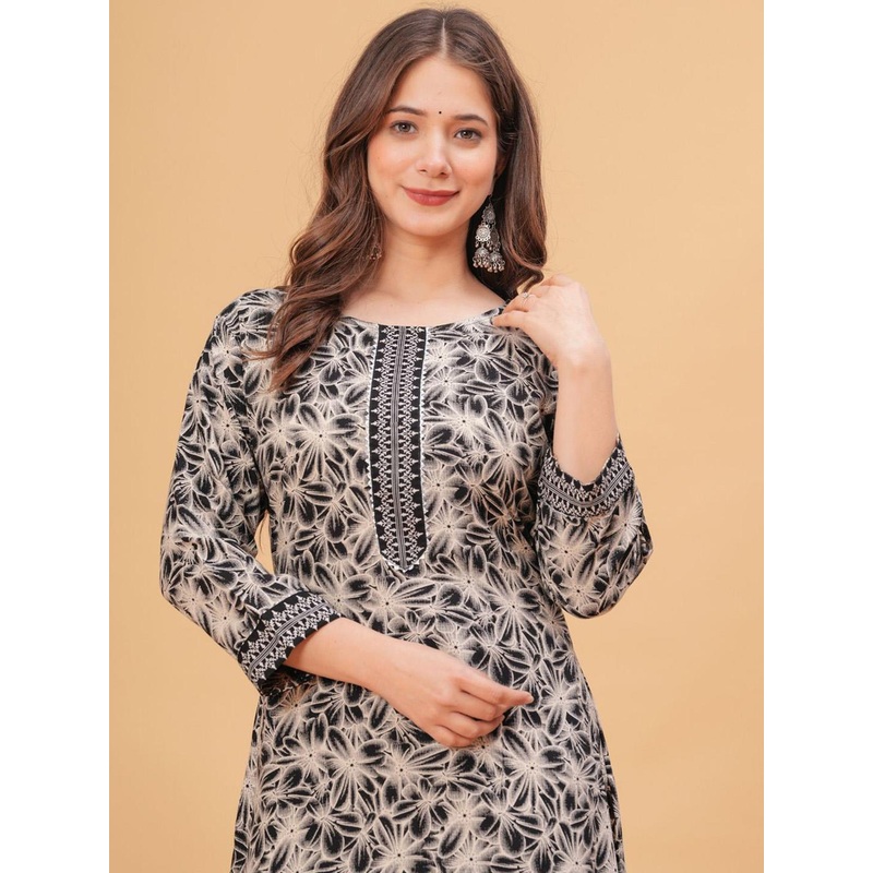 PURSHOTTAM WALA Floral Printed Round Neck Straight Kurta