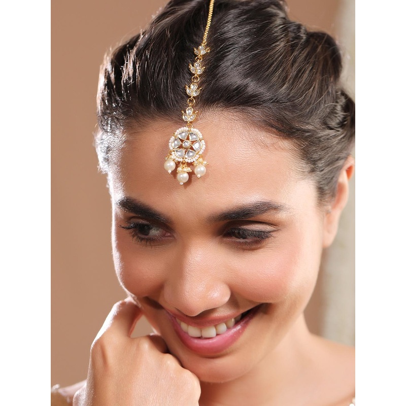 Rubans 18K Gold-Plated Kundan Studded Maang Tikka with Pearl Beads for Festive Looks
