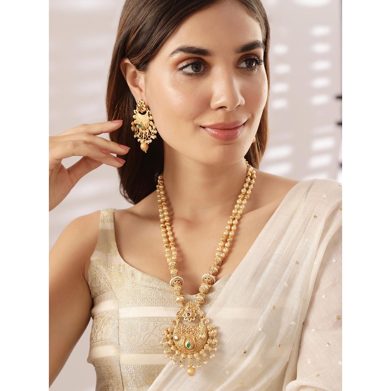 Rubans 18K Gold-Plated Ruby & Emerald Stone-Studded Jewellery Set with Pearl & Gold Beads