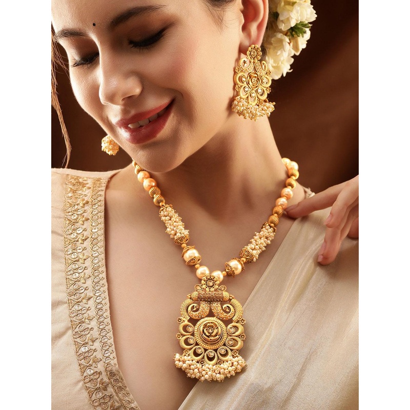Rubans 22K Gold-Plated Whitel Kundan & Pearl Beaded Floral Necklace Set