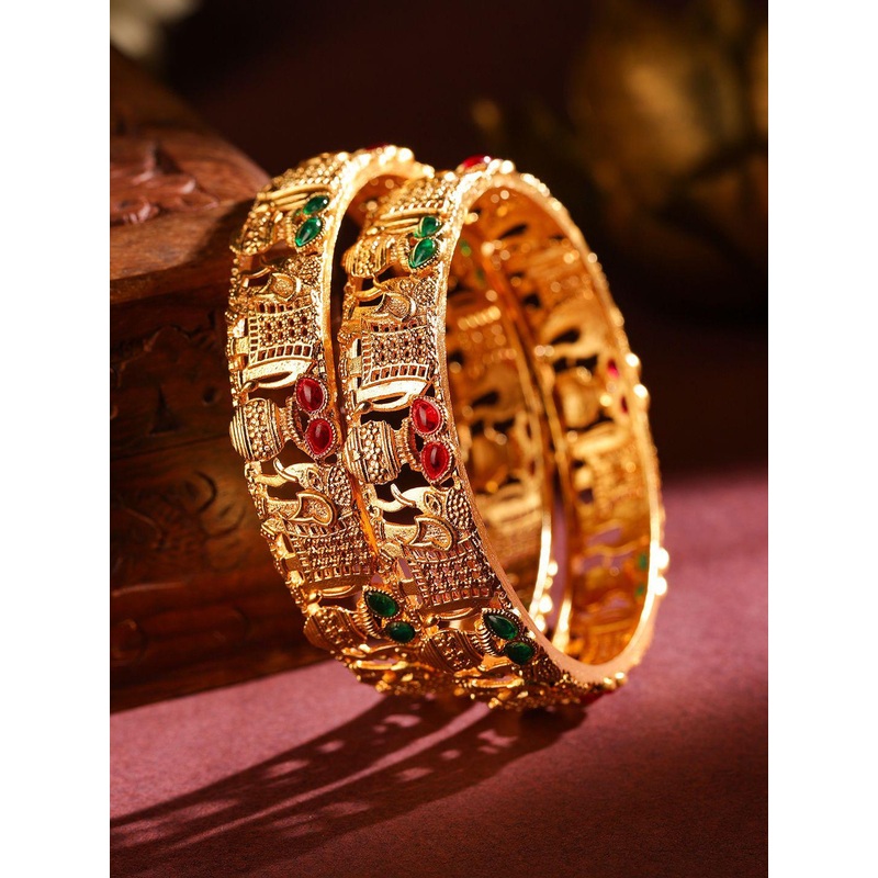 Rubans Set of 2 18K Gold Plated Rajwadi Polish Ruby & Emerald Studded Bangles
