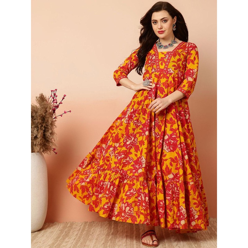 Sa Rasa Floral Printed Square Neck Empire Pure Cotton Anarkali Kurta