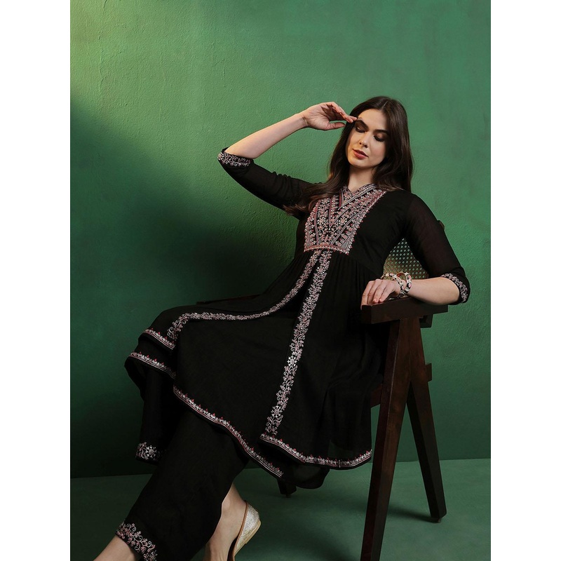 Sangria Alina Cut Embroidered A-Line Silk Kurta With Palazzo Set