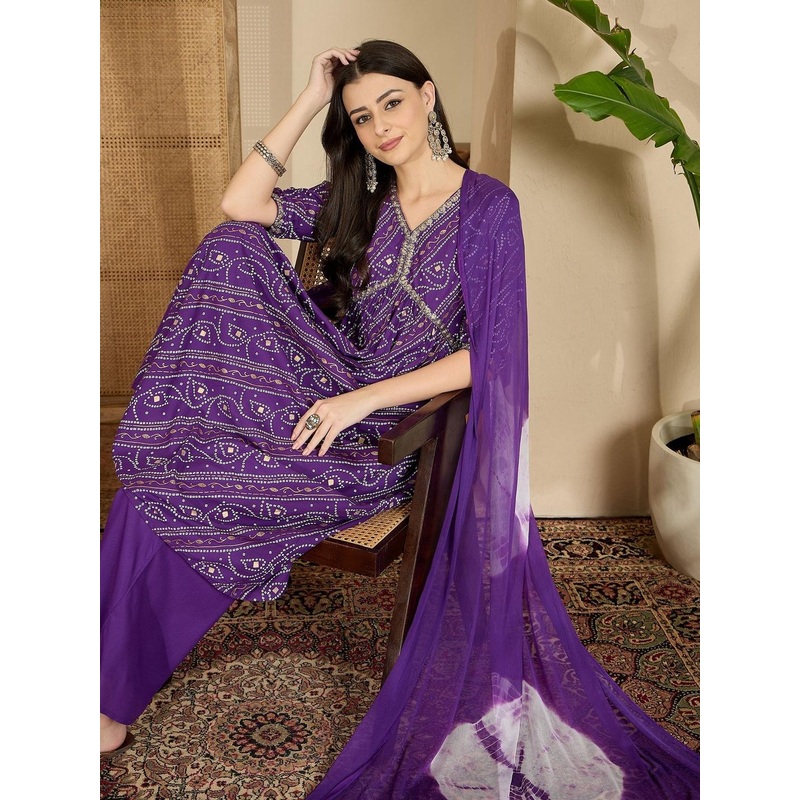 Sangria Bandhani Printed Gotta Patti Alia Cut Kurta With Palazzos & Dupatta