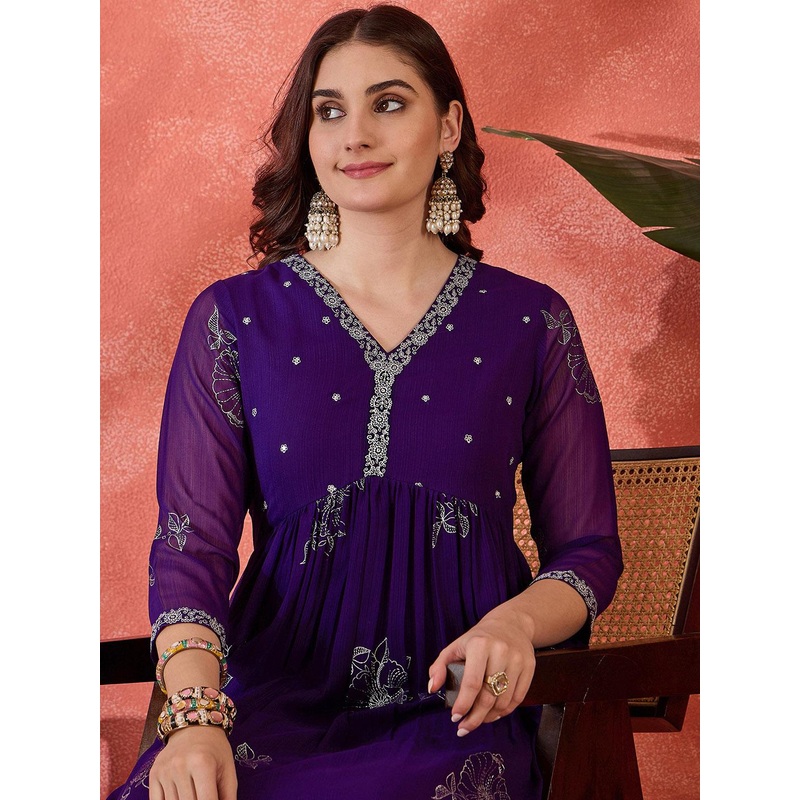 Sangria Embroidered V-Neck Anarkali Georgette Kurta & Trousers