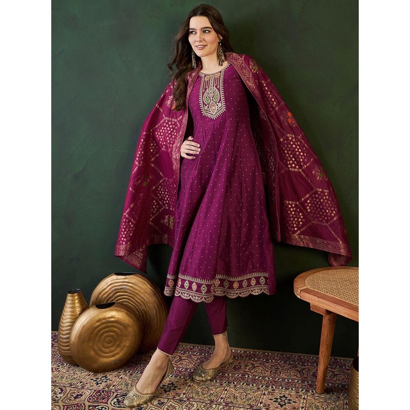 Sangria Floral Embroidered Layered Kurta with Trouser & Dupatta