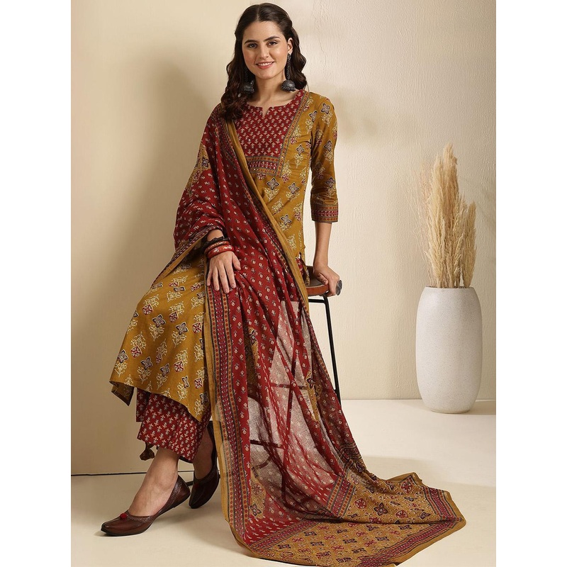 Sangria Floral Printed Pure Cotton Straight Kurta & Trousers With Dupatta