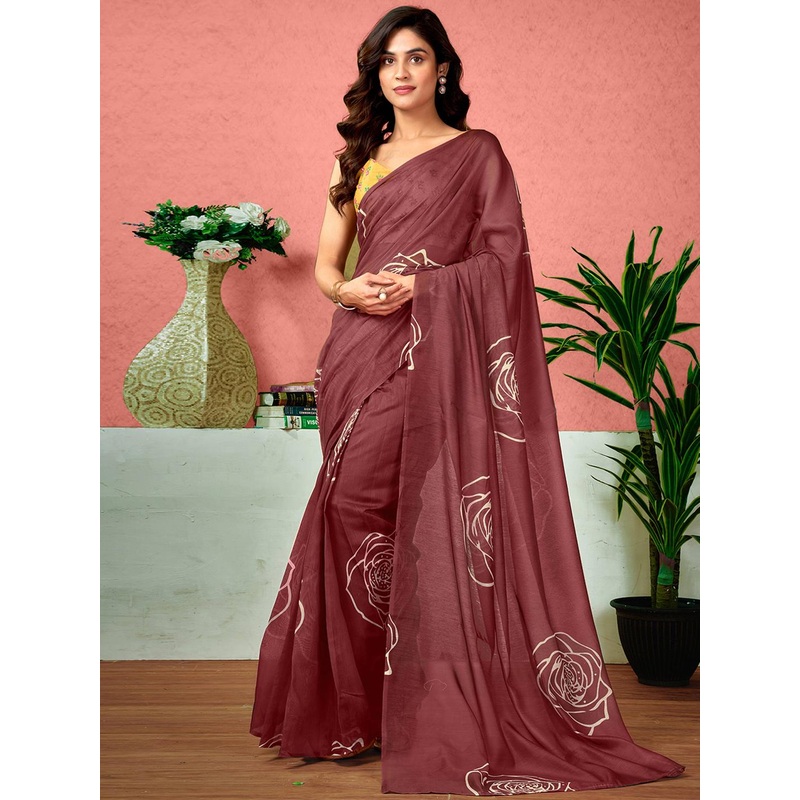 Sangria Floral Printed Ready To Wear Saree With Unstitched Blouse