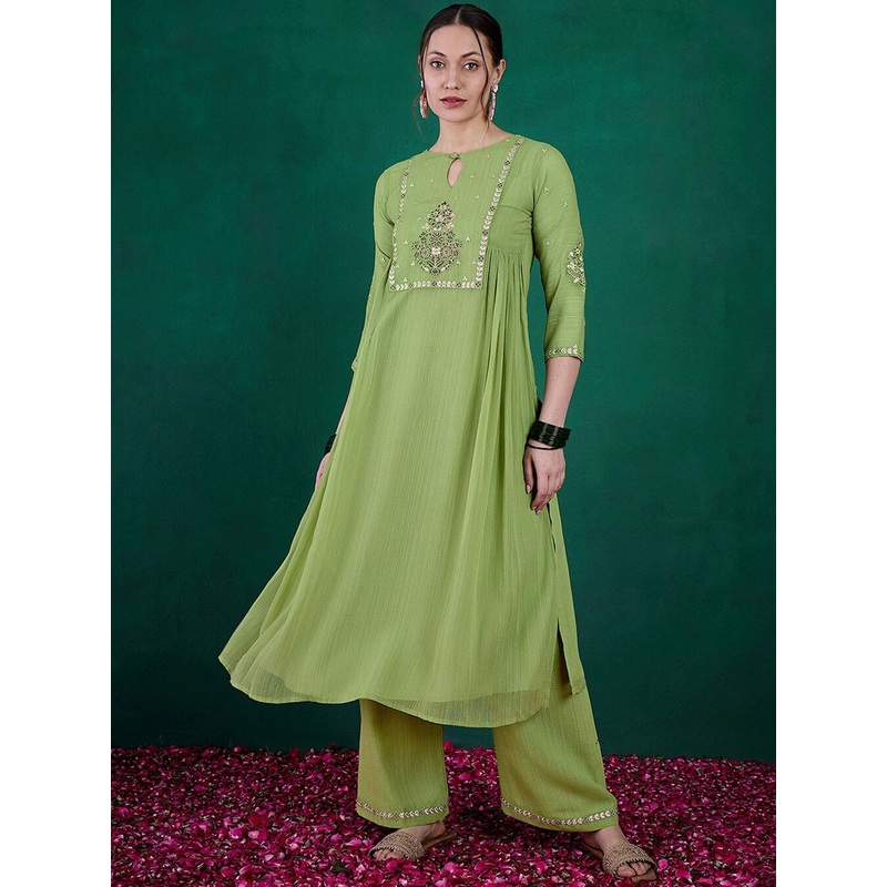 Sangria Green Ethnic Motifs Embroidered Regular Sequinned Kurta with Palazzos