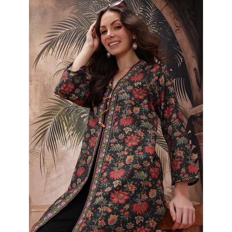 Sangria Herringbone Weave Floral Longline Ethnic Duffle Jacket