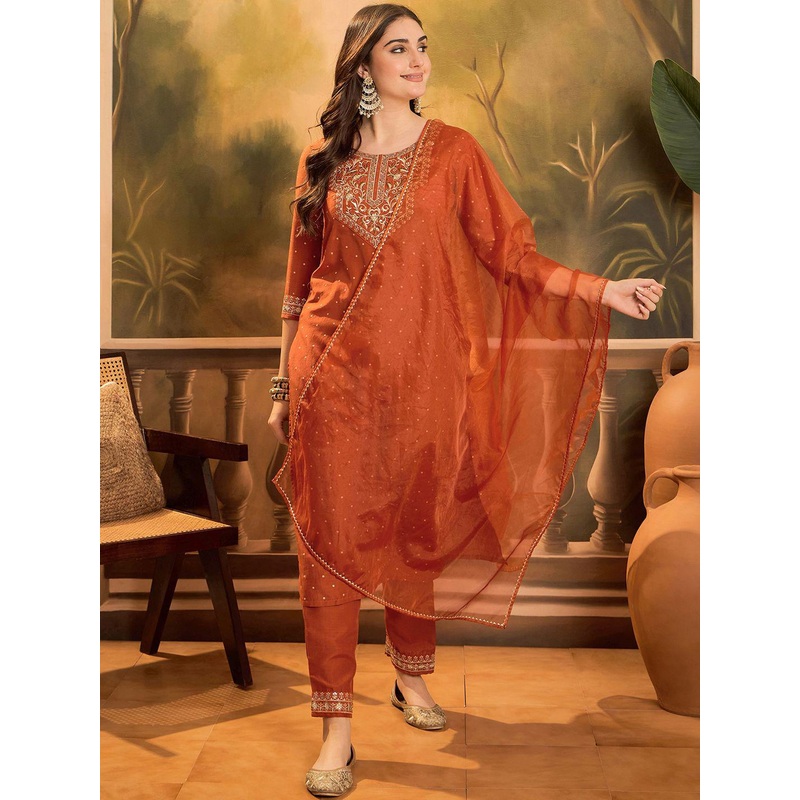 Sangria Polka Dots Printed V-Neck Thread Work Chinon Kurta With Trousers & Dupatta