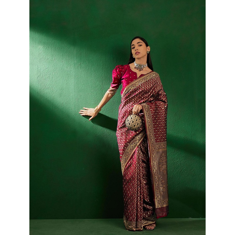 Sangria Red Ethnic Motifs Woven Design Zari Banarasi Saree