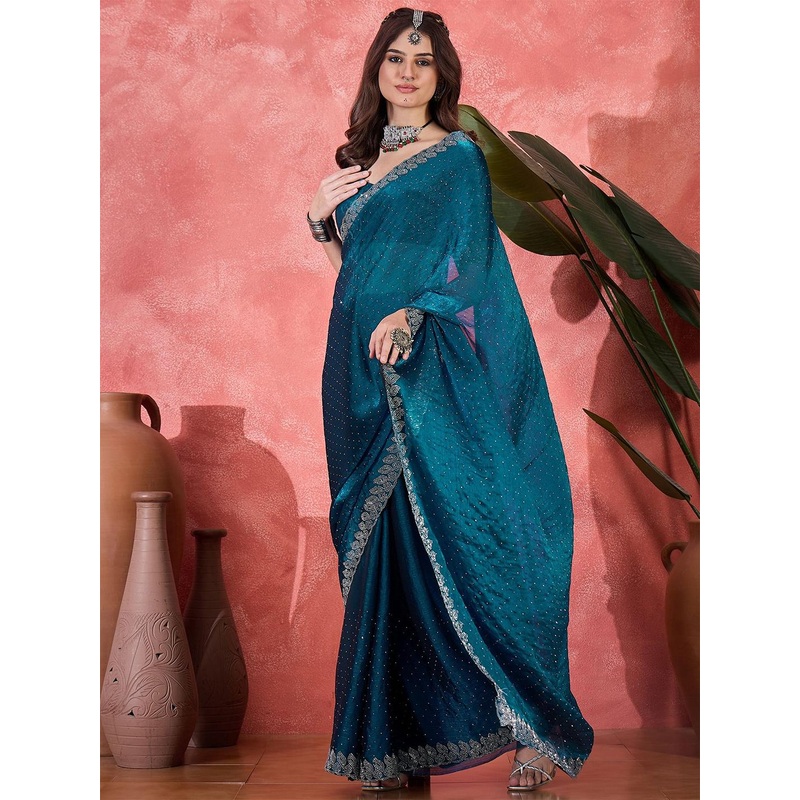 Sangria Stone Work Embellished Saree With Unstitched Blouse