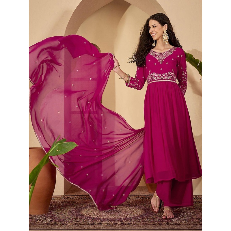 Sangria Women Ethnic Motifs Embroidered Empire Thread Work Kurta with Palazzos & With Dupatta