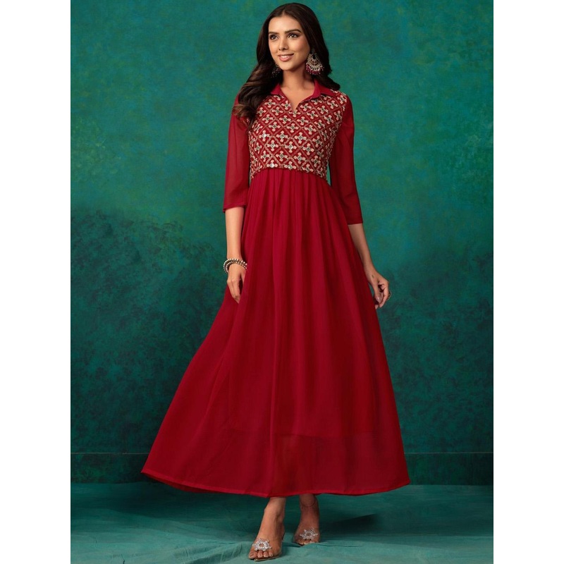 Sangria Women Mirror Work Embroidered Anarkali Kurta
