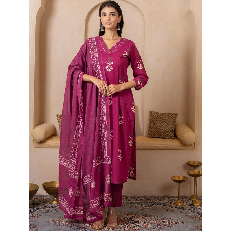 SHIVARA Women Ethnic Motifs Printed Mirror Work Pure Cotton Kurta with Trousers & Dupatta