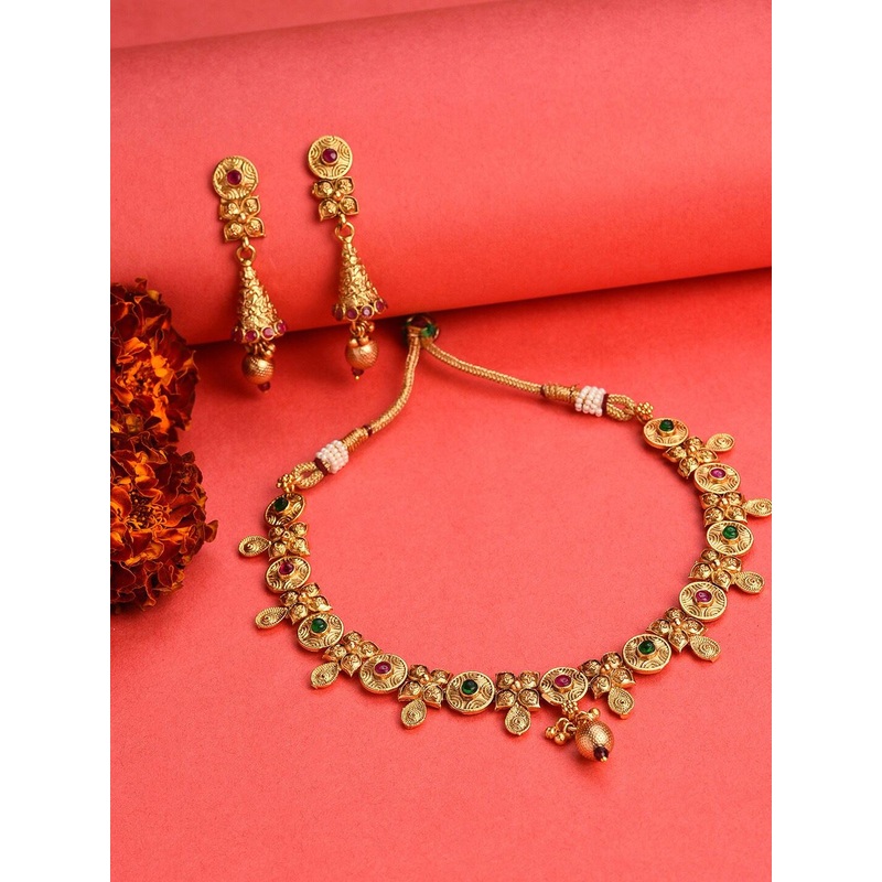 SOHI Gold-Plated Stones-Studded Contemporary Necklace & Earrings