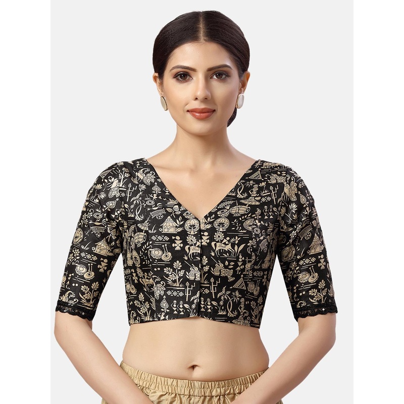 Studio Shringaar Warli Art Printed V-Neck Saree Blouse