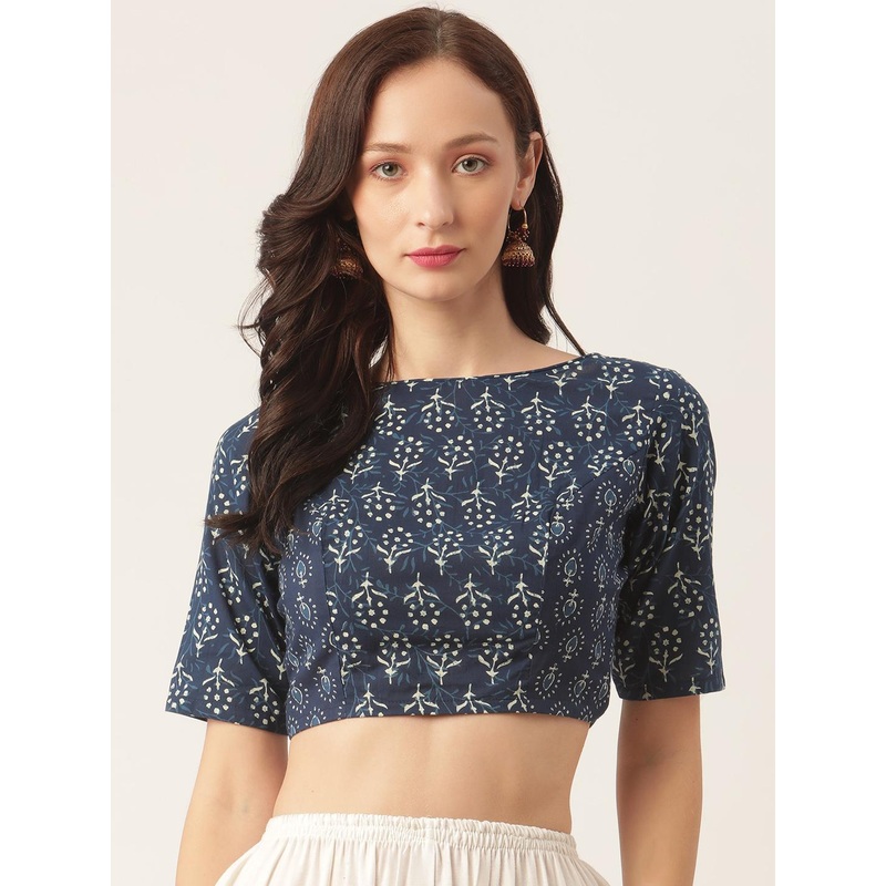 Studio Shringaar Women Navy Blue & Off-White Printed Pure Cotton Saree Blouse