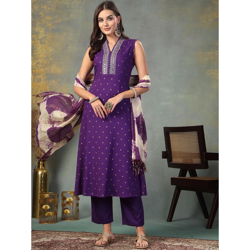 Stylum Women Khari Printed & Embroidered Rayon A-Line Kurta With Dupatta