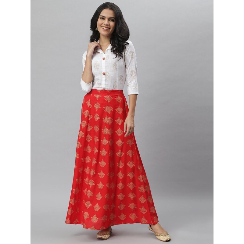 Stylum Women Off White & Red Printed Shirt with Skirt