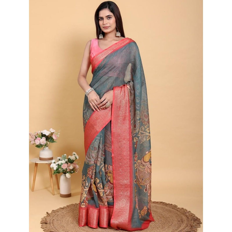 Suraj pari singh Ethnic Motifs Printed Zari Patta Linen Cotton Saree & Blouse Piece