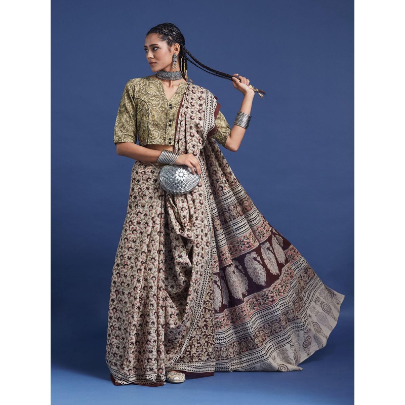 Taavi Women Hand Block Printed Kalamkari Saree With Geometric Borders & Classic Motifs
