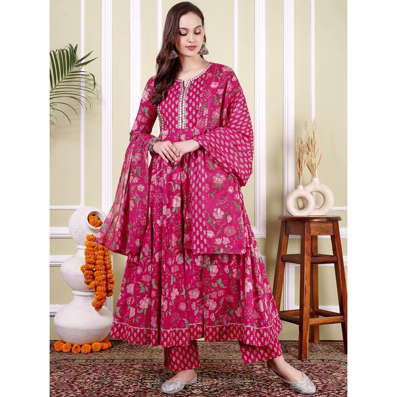 TARANJAL Floral Printed Notch Neck Pure Cotton Anarkali Kurta With Trousers & Dupatta