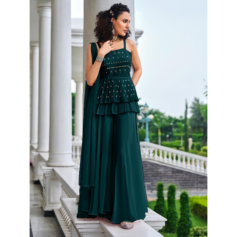 Teal Green Embroidered Ethnic Co-ords with Palazzos & Dupatta