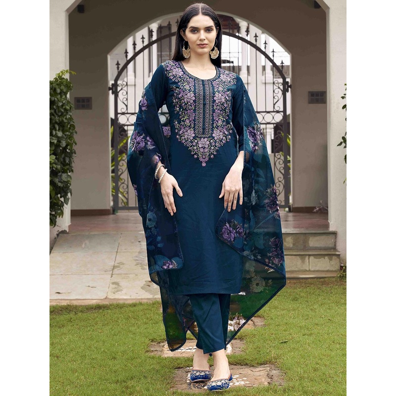 Tikhi Imli Floral Embroidered V-Neck Straight Kurta with Trousers & Dupatta