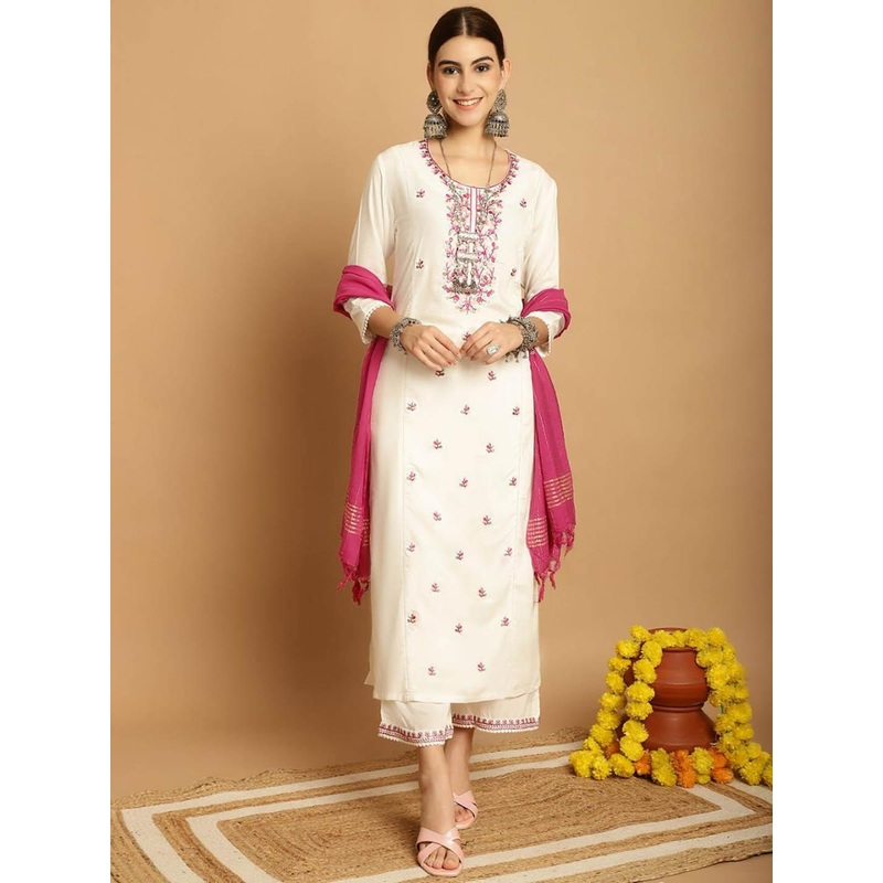 Tulsattva Women Floral Embroidered Regular Kurta with Palazzos & With Dupatta