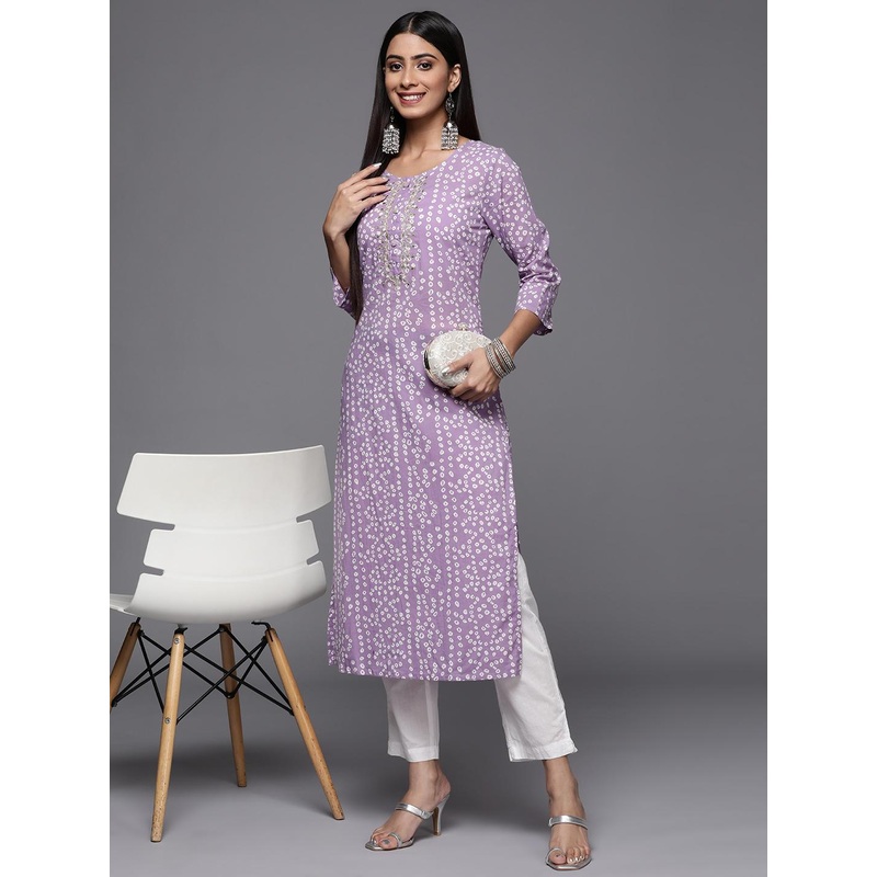 Varanga Women Lavender & White Bandhani Printed Gotta Patti Cotton Straight Kurta