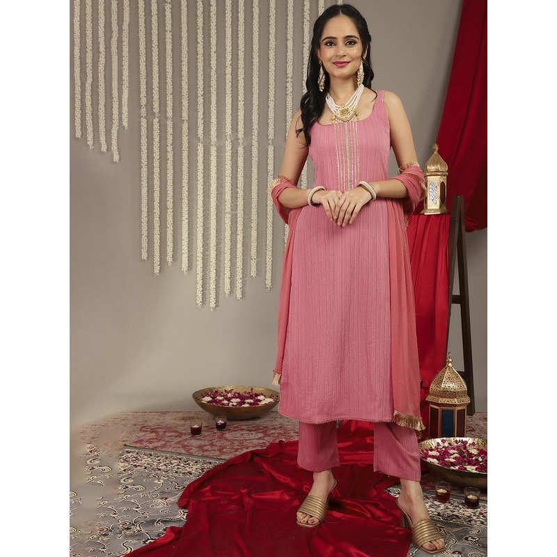Varanga Yoke Design Gotta Patti Silk Crepe Textured Kurta With Trousers & With Dupatta