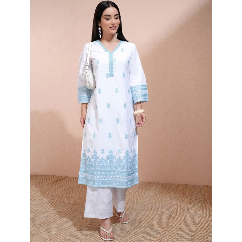 Vishudh White Floral Embroidered V-Neck Three-Quarter Sleeves Regular Straight Kurta