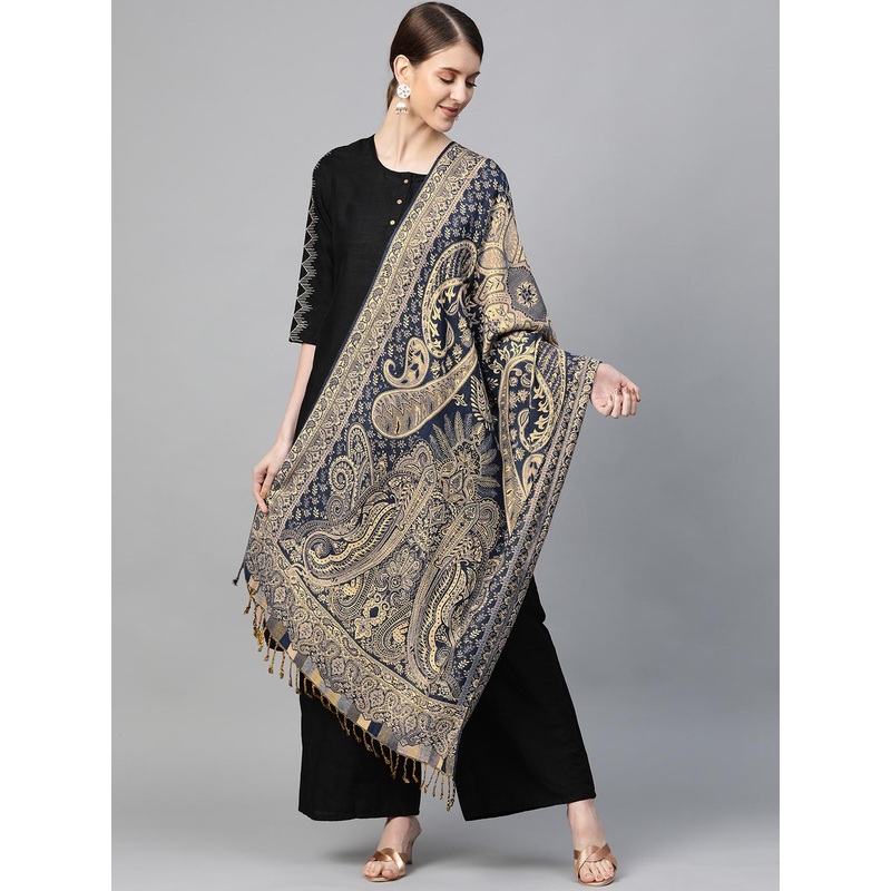 WEAVERS VILLA Women Navy Blue & Beige Woven Design Stole