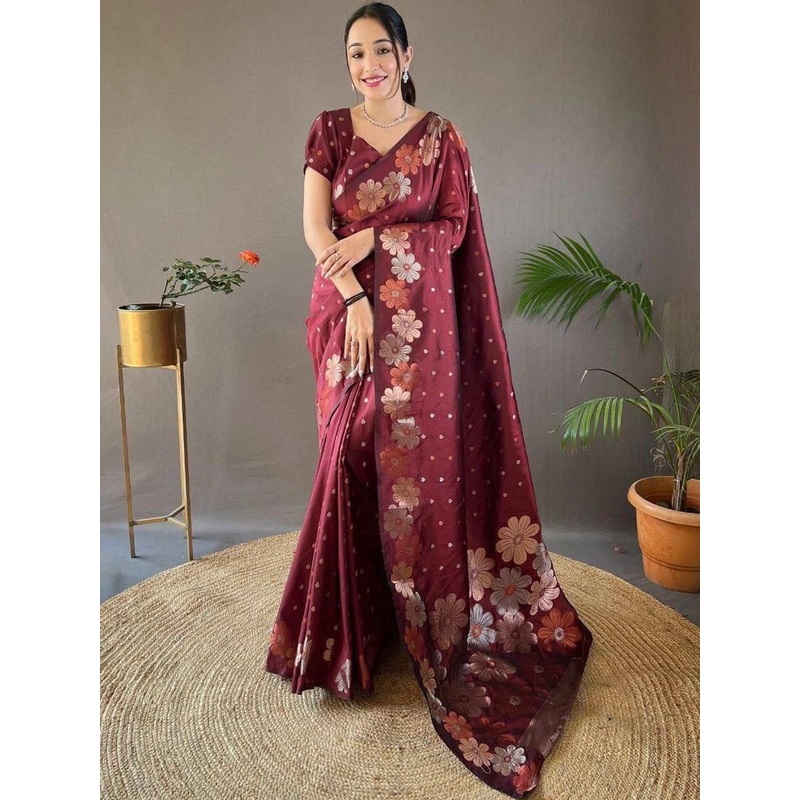 YAMUNE Floral Woven Design Zari Banarasi Saree
